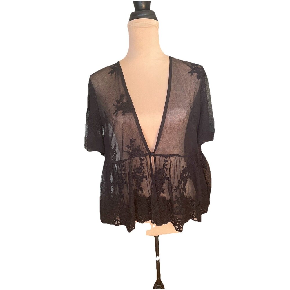 Torrid Size 00 Embroidered Mesh Peplum Kimono Black Short Sleeve Cardigan